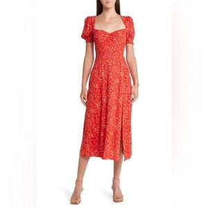 Reformation Lacey Floral Smocked Neck Sleeve Slit Front Midi Dress - Size 0
